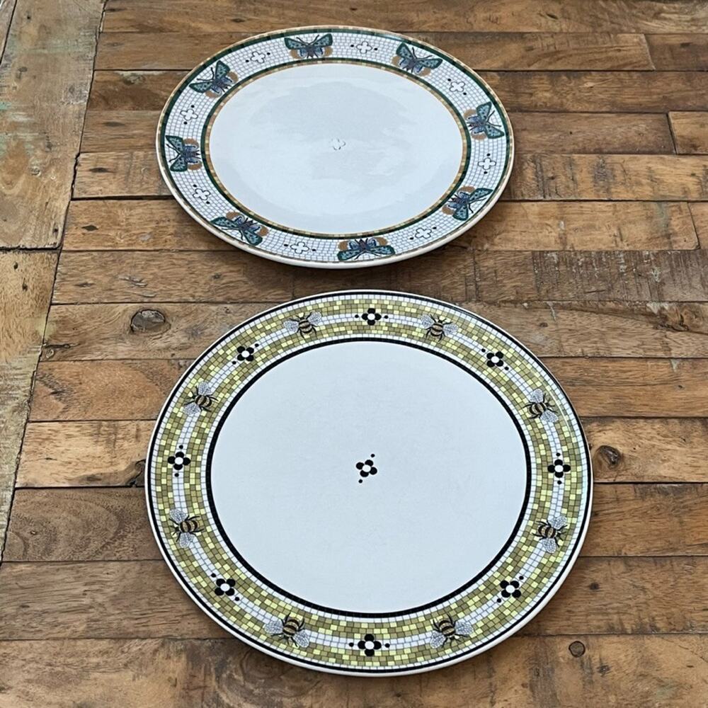 Anthropologie Bistro Tile Garden Stoneware Dinner Plates (2) Bees & Butterflies